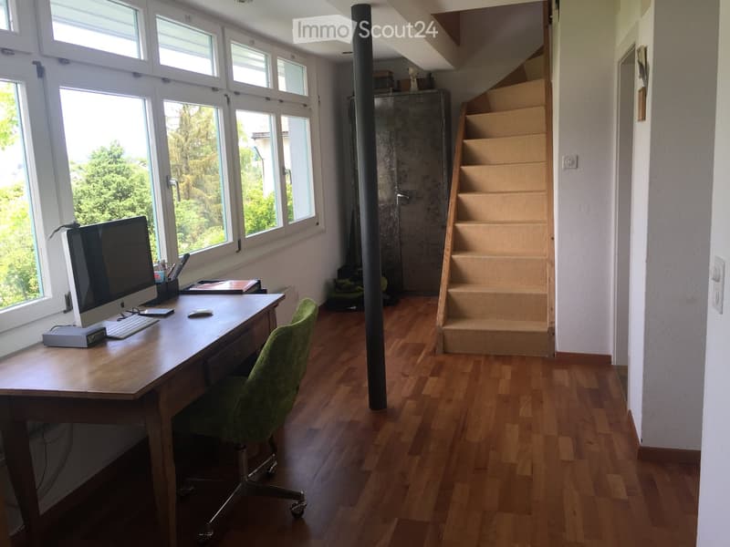Bright, modern workspace with wooden flooring, large windows, a desk with a computer, chair, and various office supplies.