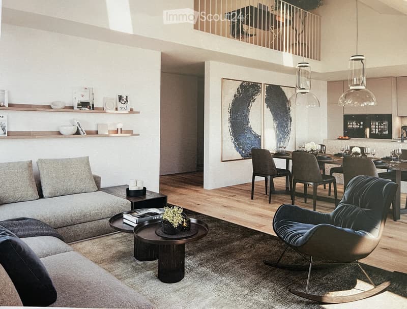 Modern living room with a grey sofa, coffee table, dining area with chairs and table, shelves with decorative items, and pendant lights.