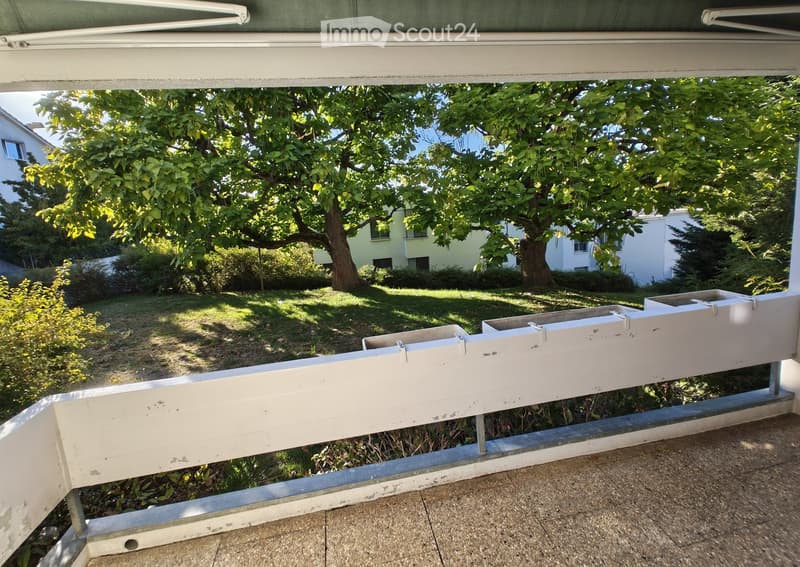Balcony with white railing, overlooking a grassy garden area with trees and neighboring houses visible in the background.
