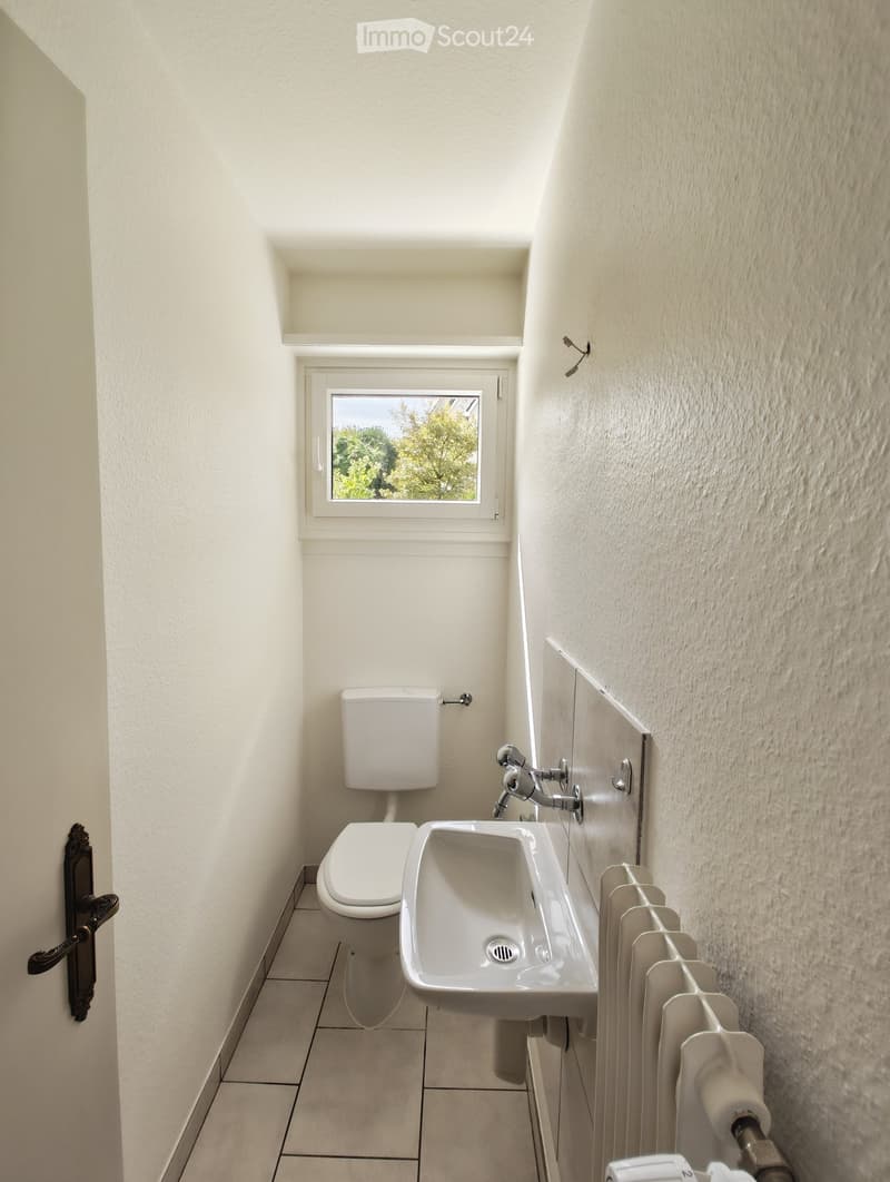 Small bathroom with white tiled walls, a toilet, a sink with a modern faucet, and a radiator on the wall. A window provides natural light.