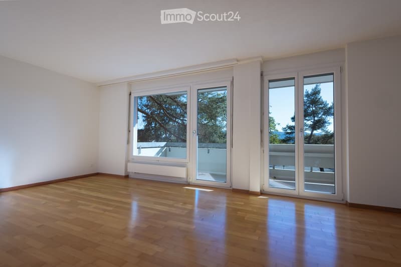 Empty room with wooden flooring, large sliding glass doors leading to a balcony, white walls, and a radiator under one window.