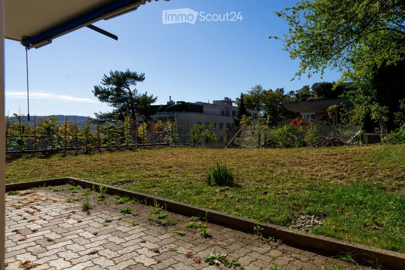 A spacious outdoor garden area with a paved pathway leading to a grassy lawn, surrounded by trees and buildings in the background.