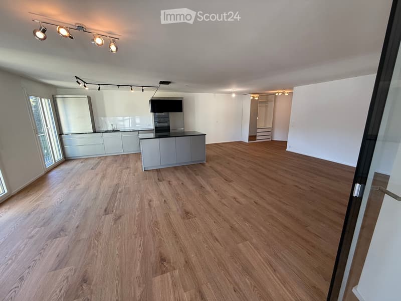 Open-plan living and kitchen area with light grey cabinets, wooden flooring, and modern lighting fixtures.