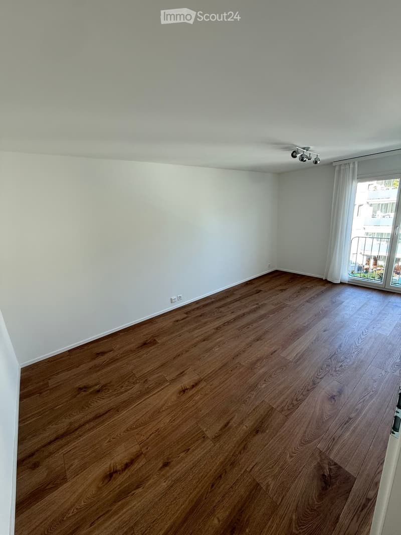 Empty room with light-colored walls and wooden flooring, featuring a large window with white curtains and a ceiling light fixture.