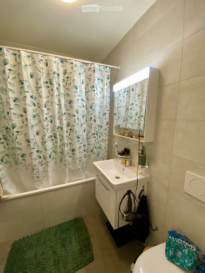 Bathroom with a bathtub, shower curtain, sink, mirror, and various toiletries. Features a green bath mat and a hair dryer on the floor.