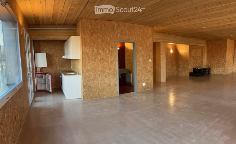 Open-plan space with exposed wooden ceiling and walls, featuring a small kitchen area with a refrigerator, sink, and cabinets, and a large open area with wooden walls and a polished concrete floor.