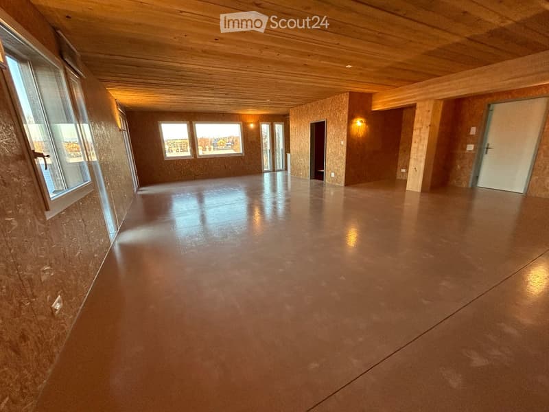 Empty room with polished concrete floor, wooden ceiling, and large windows. Bare walls and no furniture.