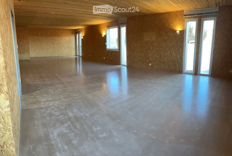 Empty room with bare walls, wooden ceiling, and polished concrete floor. No furniture or equipment visible.