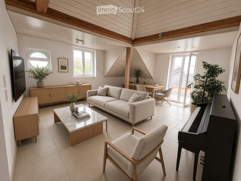 Modern living room with a grey sofa, coffee table, armchair, piano, and wooden cabinet. Large windows and a slanted wooden ceiling.