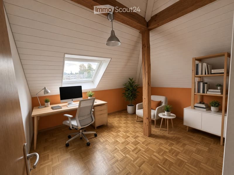 A modern, well-lit study or home office with a wooden desk, ergonomic chair, laptop, and a hanging pendant light. The room features a slanted wooden ceiling, herringbone wooden flooring, and a large skylight window offering natural light. A cozy armchair