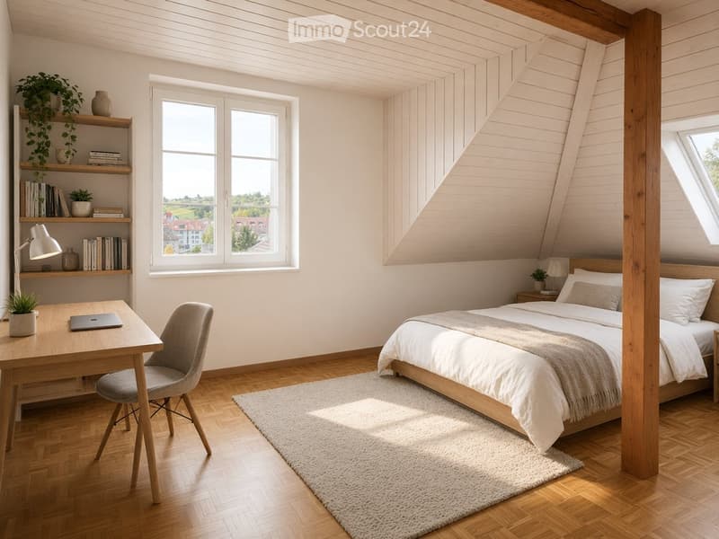 Bright, modern bedroom with wooden floors, large windows, a bed with white linens, a wooden desk with a laptop, a bookshelf, and a cozy rug.