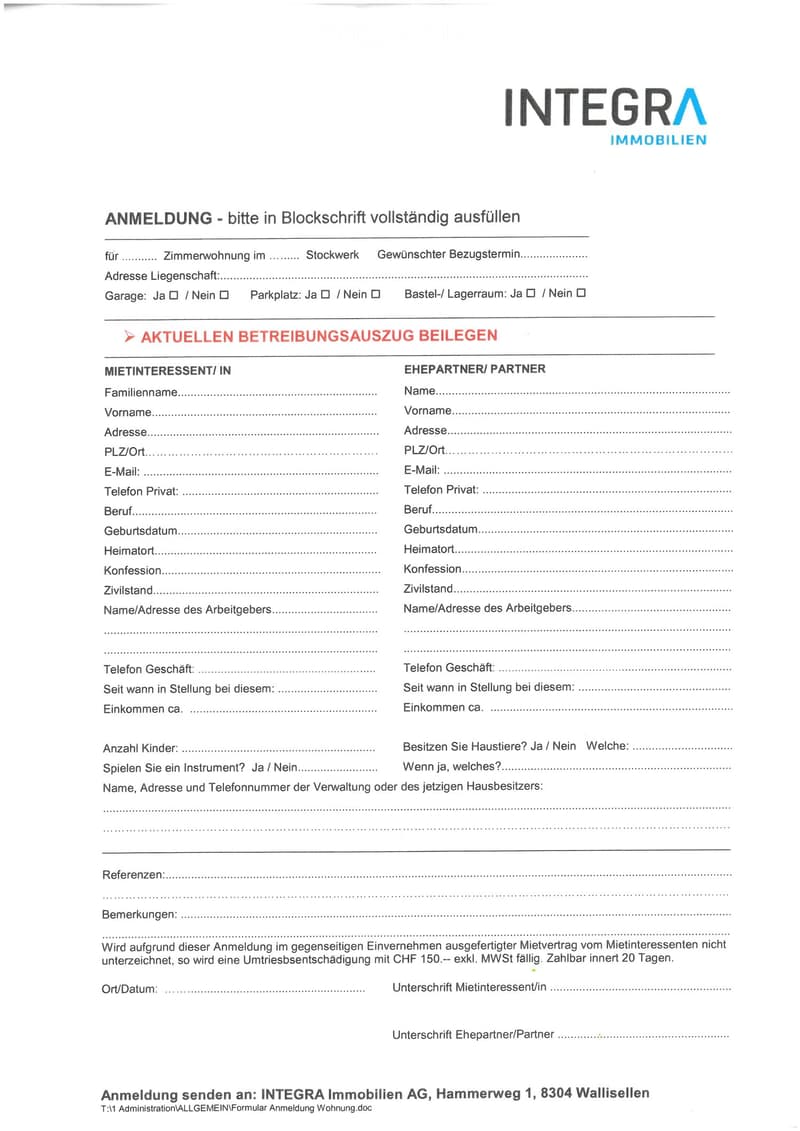 The document is a standard form for the registration of interest in a residential property, asking for various personal and property-related details.