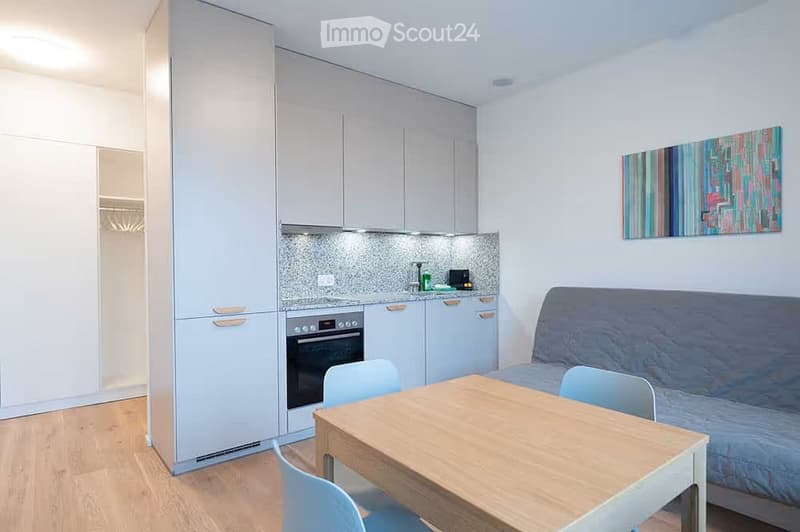 A modern, compact studio apartment with a sofa, small dining table, chairs, a kitchen area with an oven, cabinets, and a fridge. The room features light-colored walls, wooden flooring, and a colorful abstract painting on the wall.