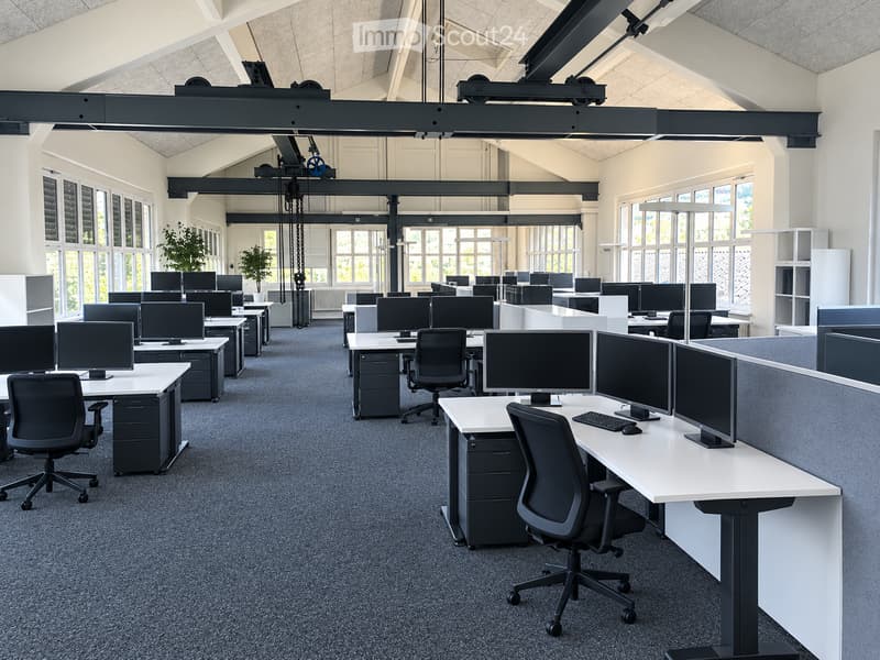 Modern office space with multiple desks, chairs, computer monitors, keyboards, and mice arranged in rows. Large windows provide natural light, and the room features a high ceiling with exposed beams.