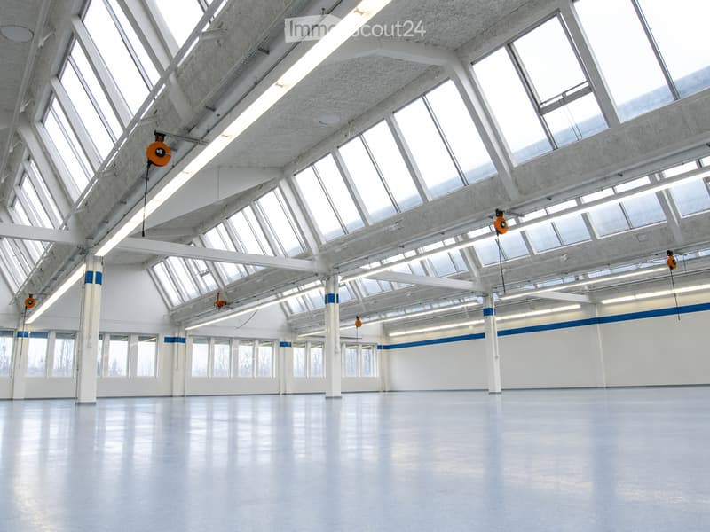 Large, empty industrial-style space with high ceilings, exposed beams, and large windows allowing natural light. The floor is smooth and reflective, and the walls are white with blue trim. There are no furnishings or equipment visible.