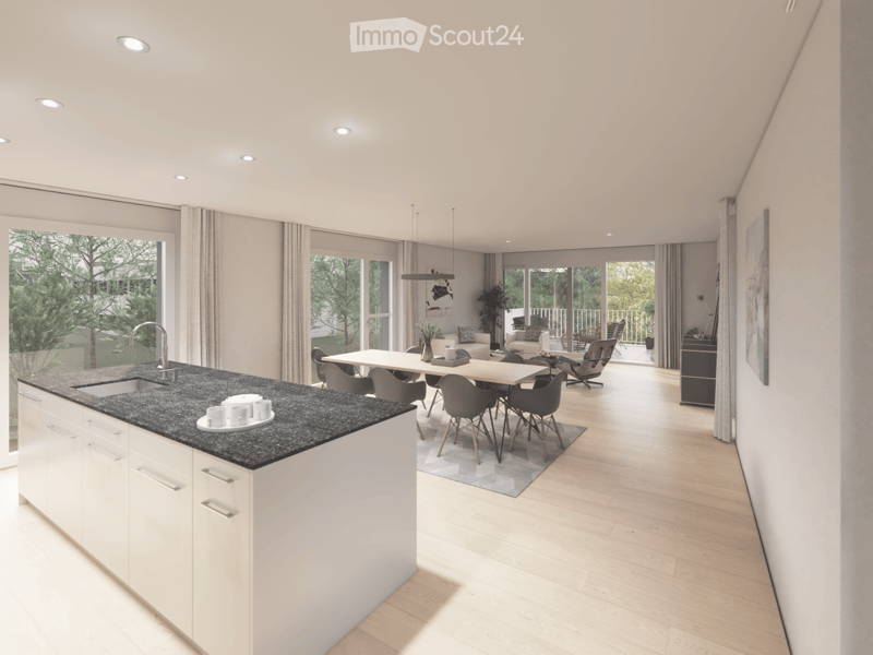 Open-plan kitchen and living area with white cabinets, dark granite countertop, modern sink, dining table with chairs, sofa, and pendant lighting.