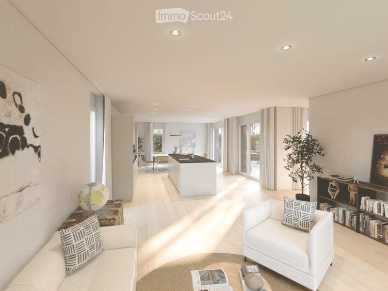 Modern open-plan living and dining area with a white sofa, coffee table, bookshelf, dining table, and kitchen island. Features large windows, a globe, and a potted plant.