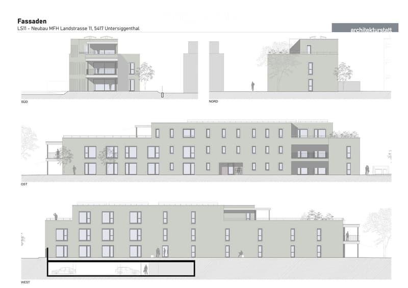 Architectural floor plan of a multi-story residential building with balconies, windows, and parking area.
