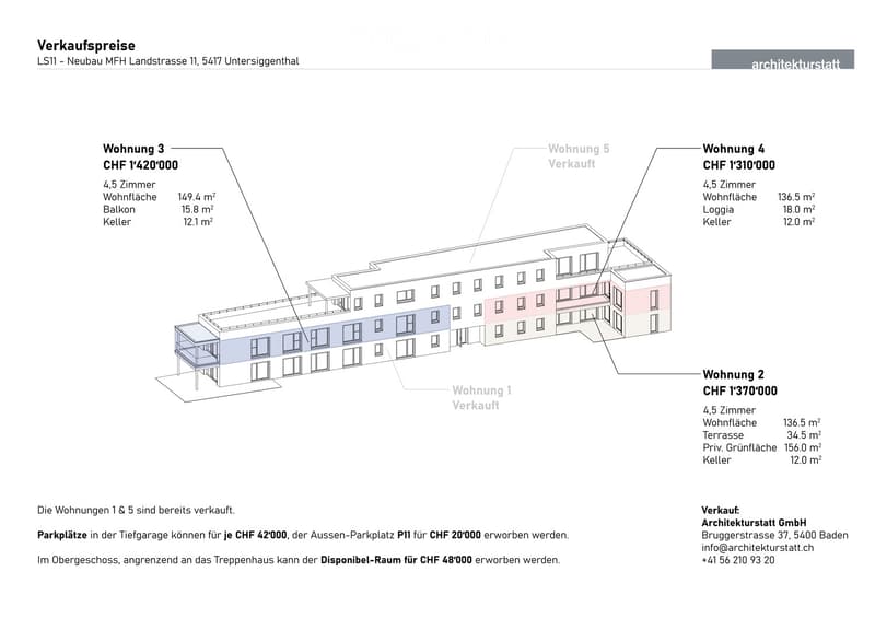 Floor plan of a multi-unit building showing five apartments with details on room counts, living areas, balconies, loggias, terraces, private green spaces, and basements. Some units are marked as sold.