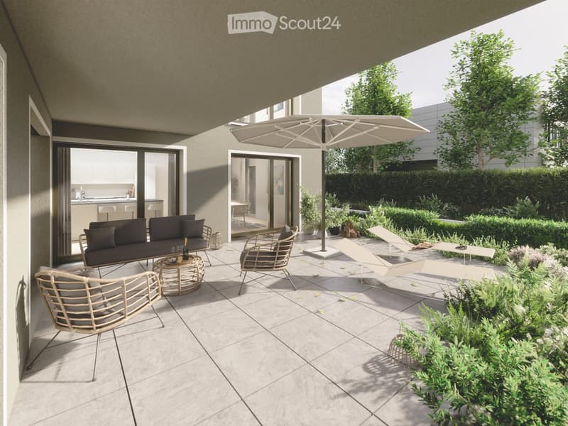 Modern outdoor patio with a sofa, round table, wicker chairs, umbrella, lounge chair, and lush greenery.