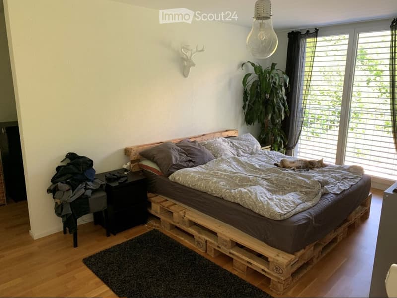 Cozy bedroom with a wooden pallet bed, nightstand, cat, and large window with blinds.