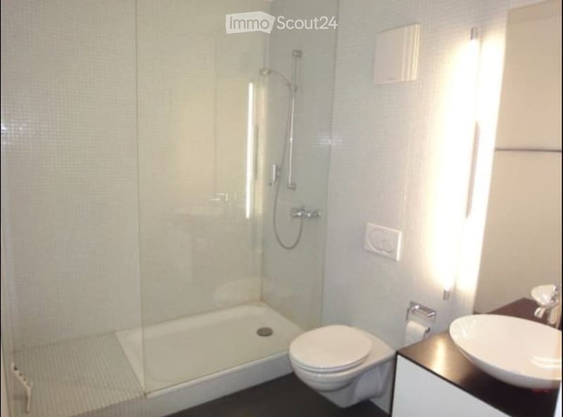 Modern bathroom with a glass-enclosed shower, toilet, sink, and sleek light fixtures.