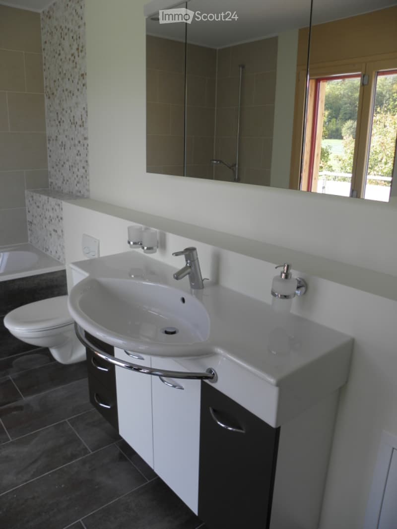 Modern bathroom with a white sink, chrome faucet, toilet, large mirror, and a soap dispenser on the counter. The walls are tiled, and the floor is dark.