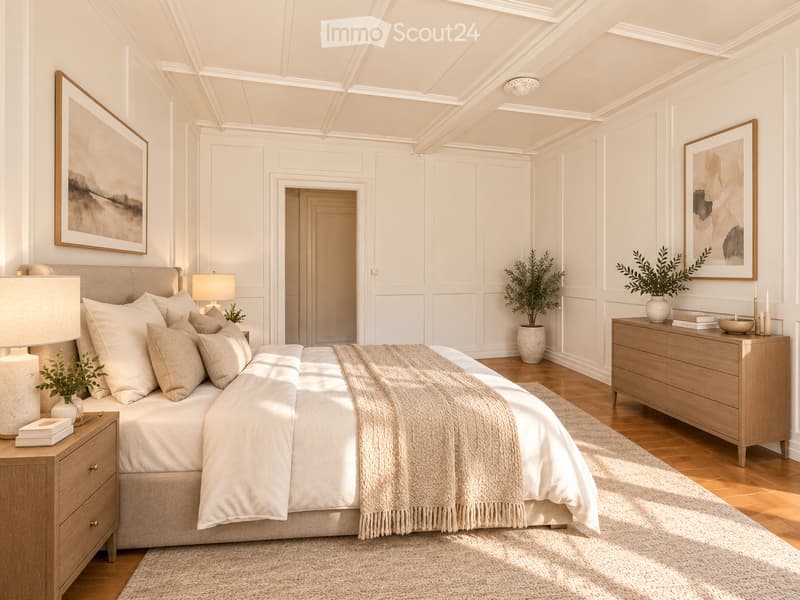 Elegant bedroom with a large bed, nightstands, lamps, and artwork on the walls. The room features wooden flooring, a plush rug, and decorative plants.