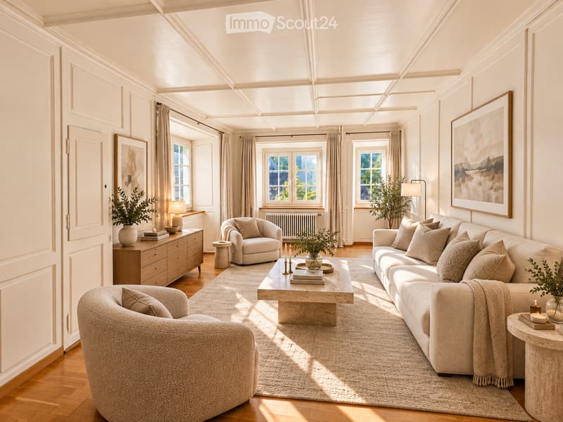 Elegant living room with large windows, cream-colored sofa, coffee table, armchairs, side tables, floor lamp, and decorative vases.