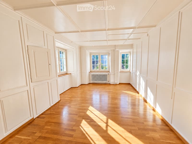 Bright, empty hallway with wooden flooring, white walls, and multiple windows allowing natural light to enter. Features a radiator and a closed door on the left side.