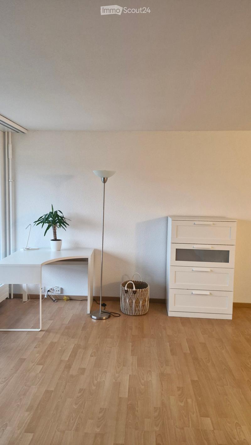 A modern, minimally furnished room with light wooden flooring, a white table and chair, a floor lamp, a potted plant, a woven basket, and a white cabinet with drawers.