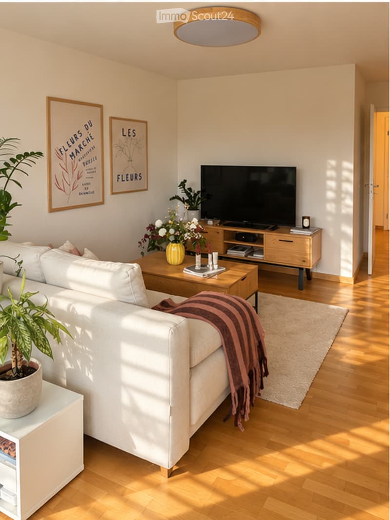 Modern living room with a white sectional sofa, wooden coffee table, flat-screen TV on a wooden stand, and decorative plants. The room features light-colored walls, wooden flooring, and a warm, inviting atmosphere.