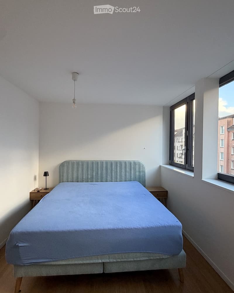 Minimalist bedroom with a single bed, grey bedding, a nightstand with a lamp, and large windows letting in natural light.