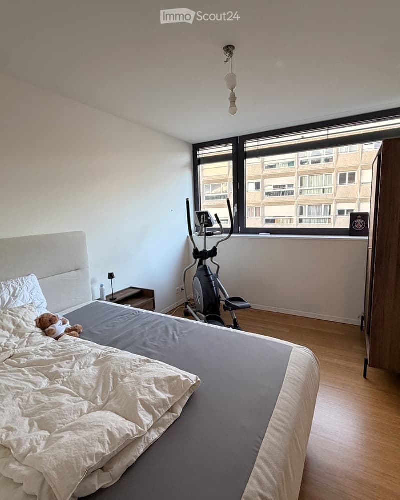 A modern bedroom with a large bed, nightstand, exercise bike, and a teddy bear on the bed. The room has wooden flooring and large windows with blinds.