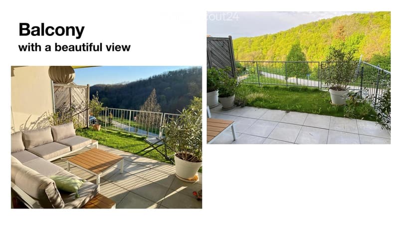 Balcony with a view, featuring a sofa, coffee table, potted plants, and a metal railing.