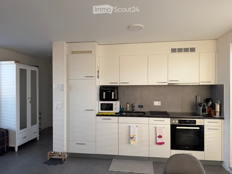 Modern kitchen with white cabinets, stainless steel appliances, and a black countertop. Includes a refrigerator, oven, microwave, toaster, sink, and towels hanging from cabinet handles.