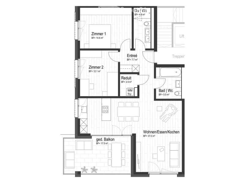 Floor plan of a 2-room apartment with a living/dining/kitchen area, two bedrooms, two bathrooms, a hallway, and a balcony.