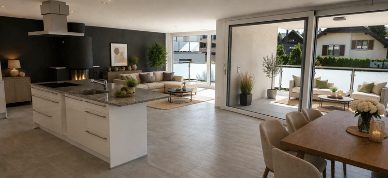 Wohnzimmer und offene Küche