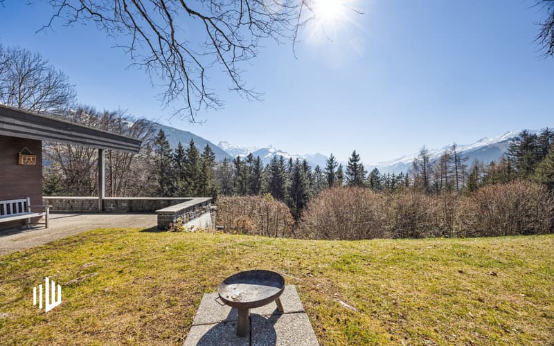 Grosszügiger Gartenbereich mit Blick in die Berge, eingebettet in eine grüne Baumlandschaft