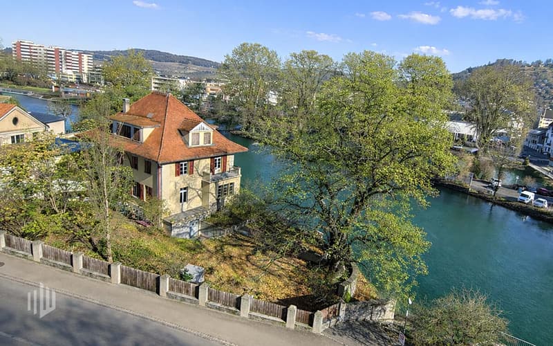 Direkt an der Aare liegt die ehemalige Stadtvilla mit schönem Garten und prachtvoller Linde.