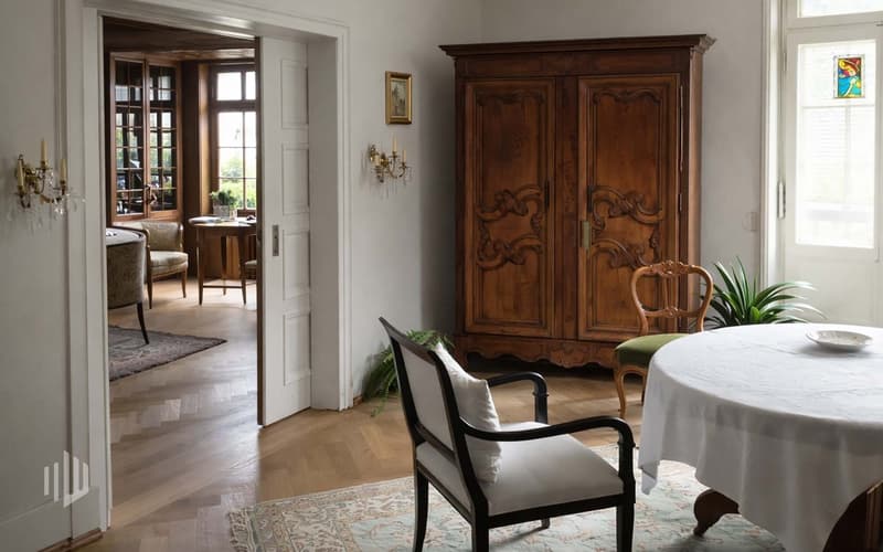 Esszimmer mit Blick ins Wohnzimmer sowie in den grossen Garten.
