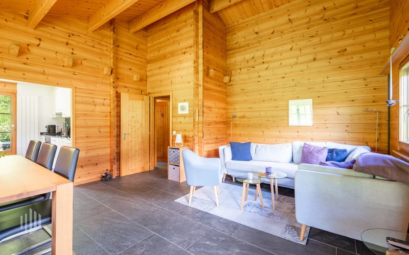 Wohn- und Essbereich im heimeligen Holzausbau