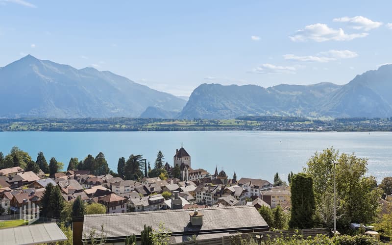 Ein einzigartiger Blick auf das prächtige Schloss Oberhofen und die eindrucksvolle Kulisse des Thunersees