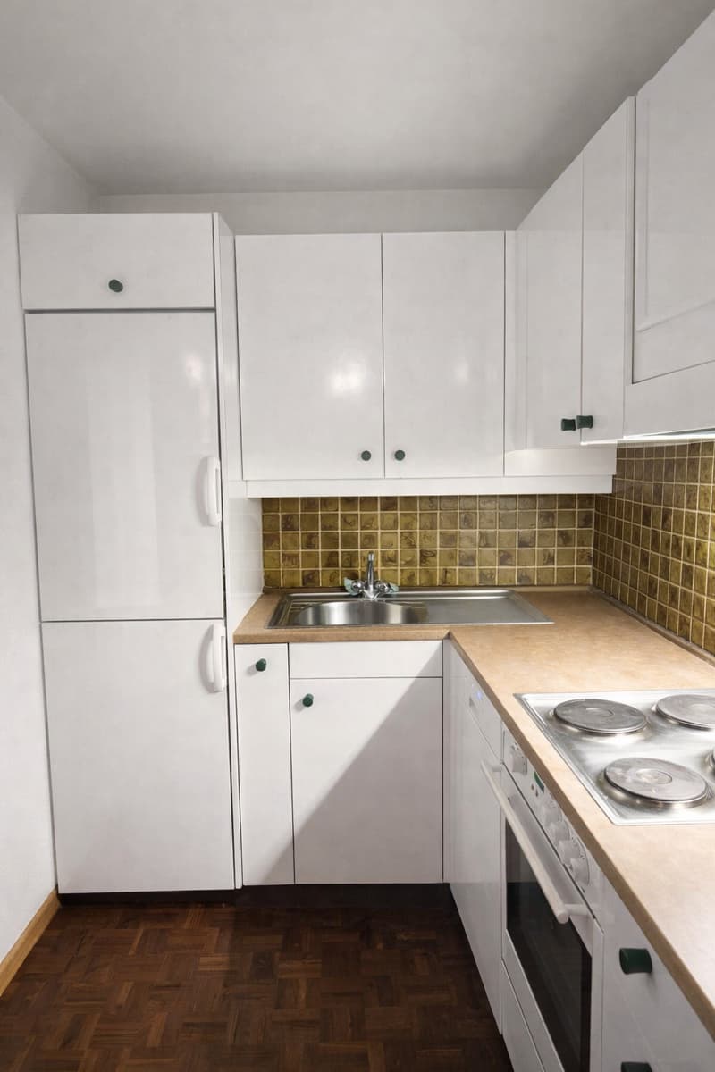 Modern white kitchen with tiled backsplash, double door refrigerator, stainless steel sink, oven, and wooden floor