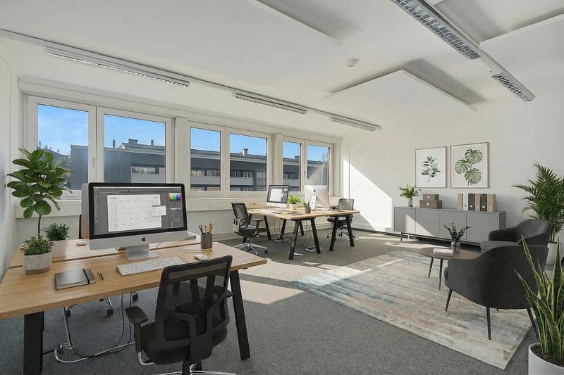 Office space with two desks, modern desks, black chairs, carpet, monitors, potted plants, white walls, ceiling lights, view of the outside from the large windows