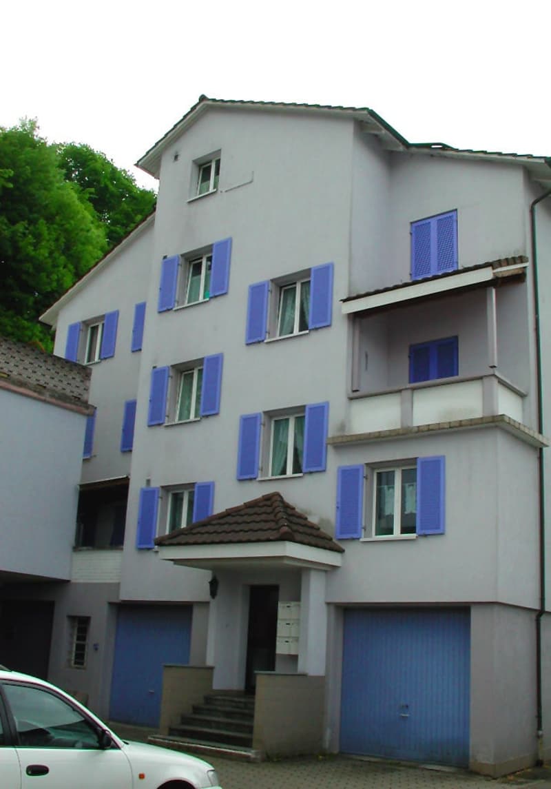 multi-story building, white paint, blue shutters, garage, entrance with steps, car parked in front