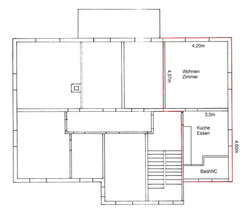 Layout includes a living room, bedroom, kitchen, dining area, and a bathroom with WC