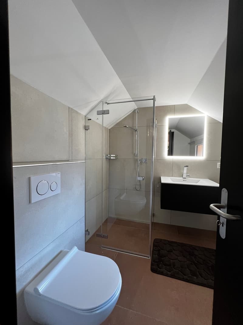 The image shows a modern bathroom with a glass shower enclosure, a toilet, and a vanity with a sink. The bathroom has a minimalist design with neutral colors and tiled walls and floor.