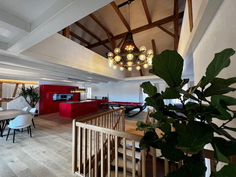 Spacious open-plan living area with high ceilings, exposed wooden beams, and a large chandelier. The kitchen features a bold red color scheme and modern appliances. There is a pool table in the living room area, and large potted plants add a touch of gree