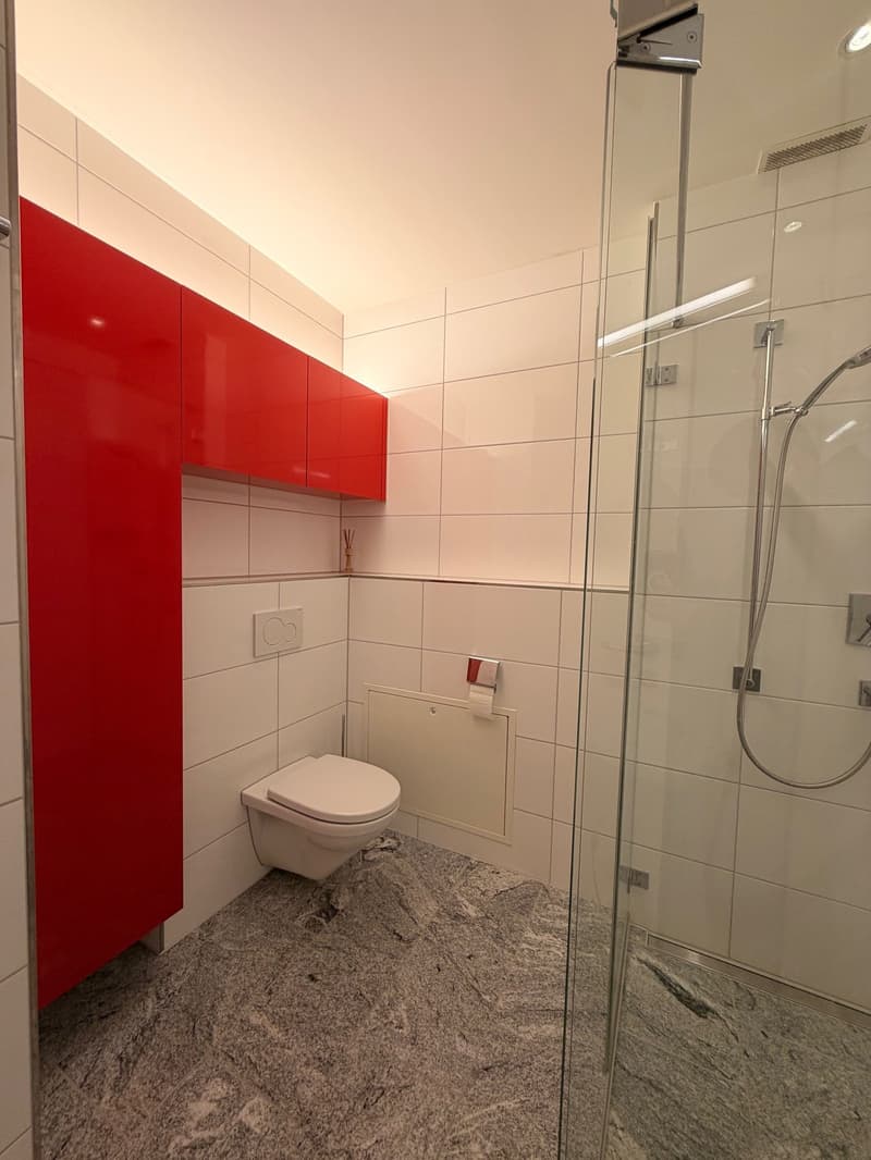 Bathroom with a toilet, red cabinets, tiled walls, and glass shower
